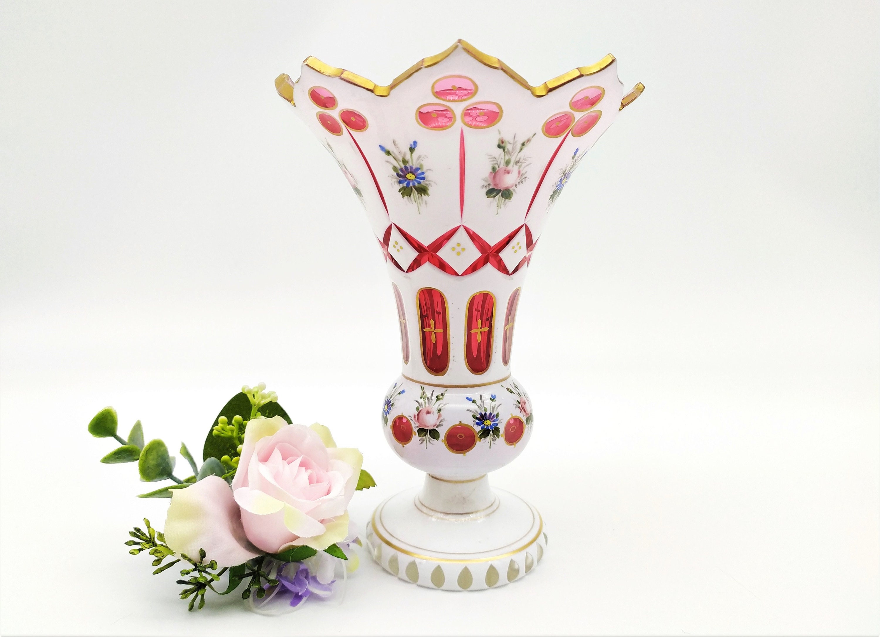 Antique Cristal Vase Decor Floral Verre Overlay 19Ème