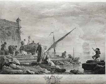 Grabado de paisaje marino según Vernet Grabado antiguo del siglo XVIII
