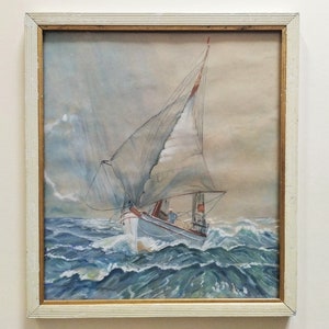 Seascape Regatta Sailboat Watercolor and Gouache Painting Drawing Mid century