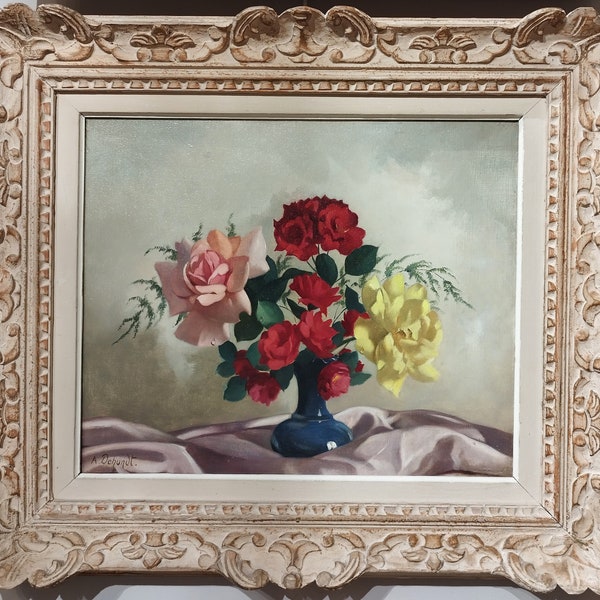 Tableau Huile Sur Toile Nature Morte Fleurs Roses Par Armand Dehondt Peinture Belge Cadre Montparnasse