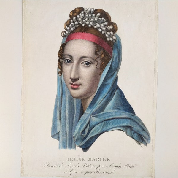 Tableau portrait de femme d'époque Empire gravure ancienne de Lemire ainé Jeune Mariée