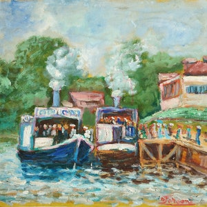 Paisaje de pintura al óleo Los barcos del río Sena en el muelle por Gaston Luciano Faraoni Mid Century