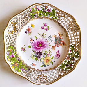 Antique Carl Thieme Potschappel Porcelain Plate With Openwork Edge Hand Painted Flowers Gold Foliage  Saxony German Collectible Tableware