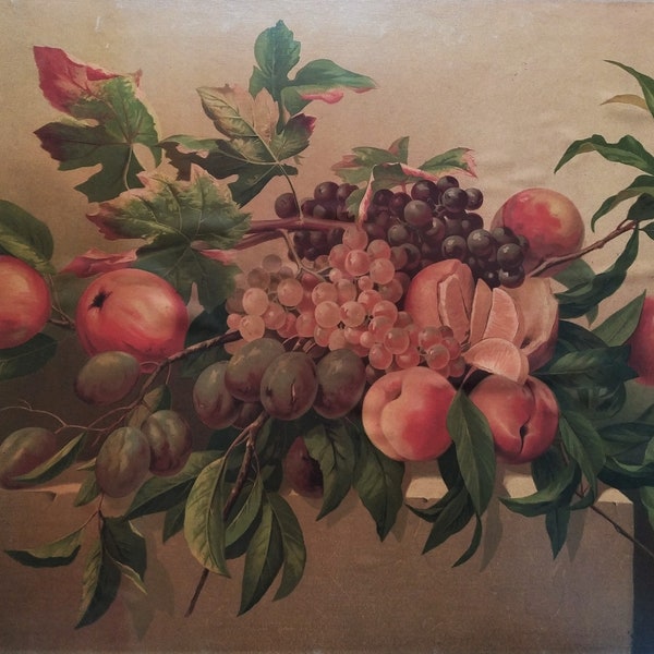 Chromolithographie après Français peinture à l’huile Nature morte avec fruits Cuisine Décor mural