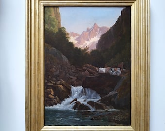 Olieverfschilderij berglandschap Zwitserse school 19e eeuw