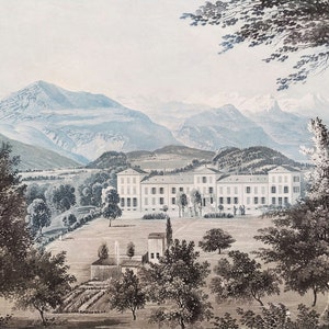 Antike Radierung Landschaft Zürich Schweiz Berg der Schweizer Alpen 19. Jh. Tiefdruckgravur