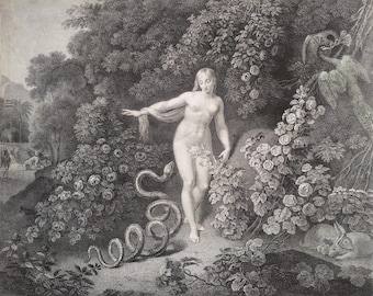 Eve and the Serpent Etching 18th Century Biblical Art