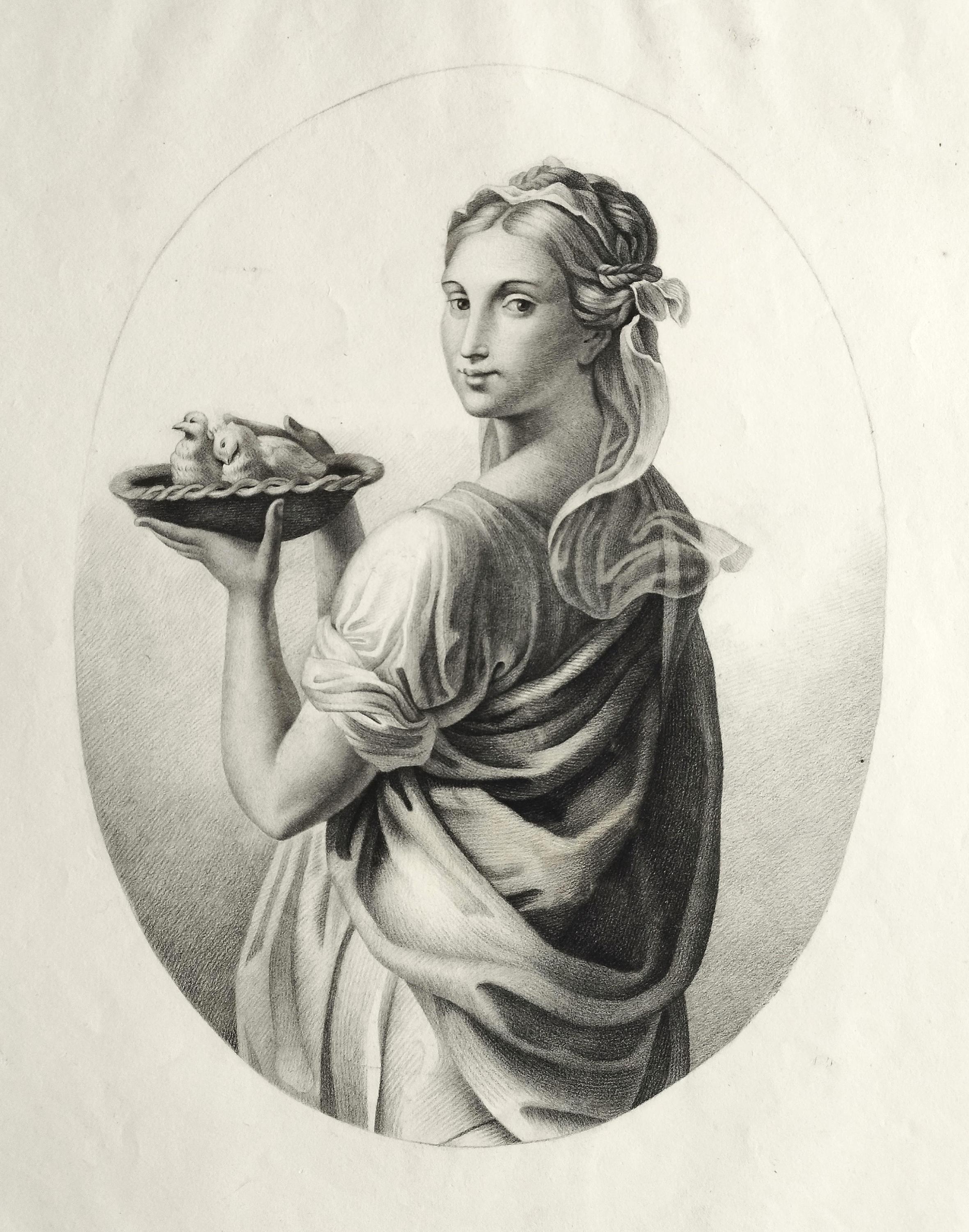 19th Century Pencil Drawing: Woman With Bird Offering, Vintage Art - Etsy