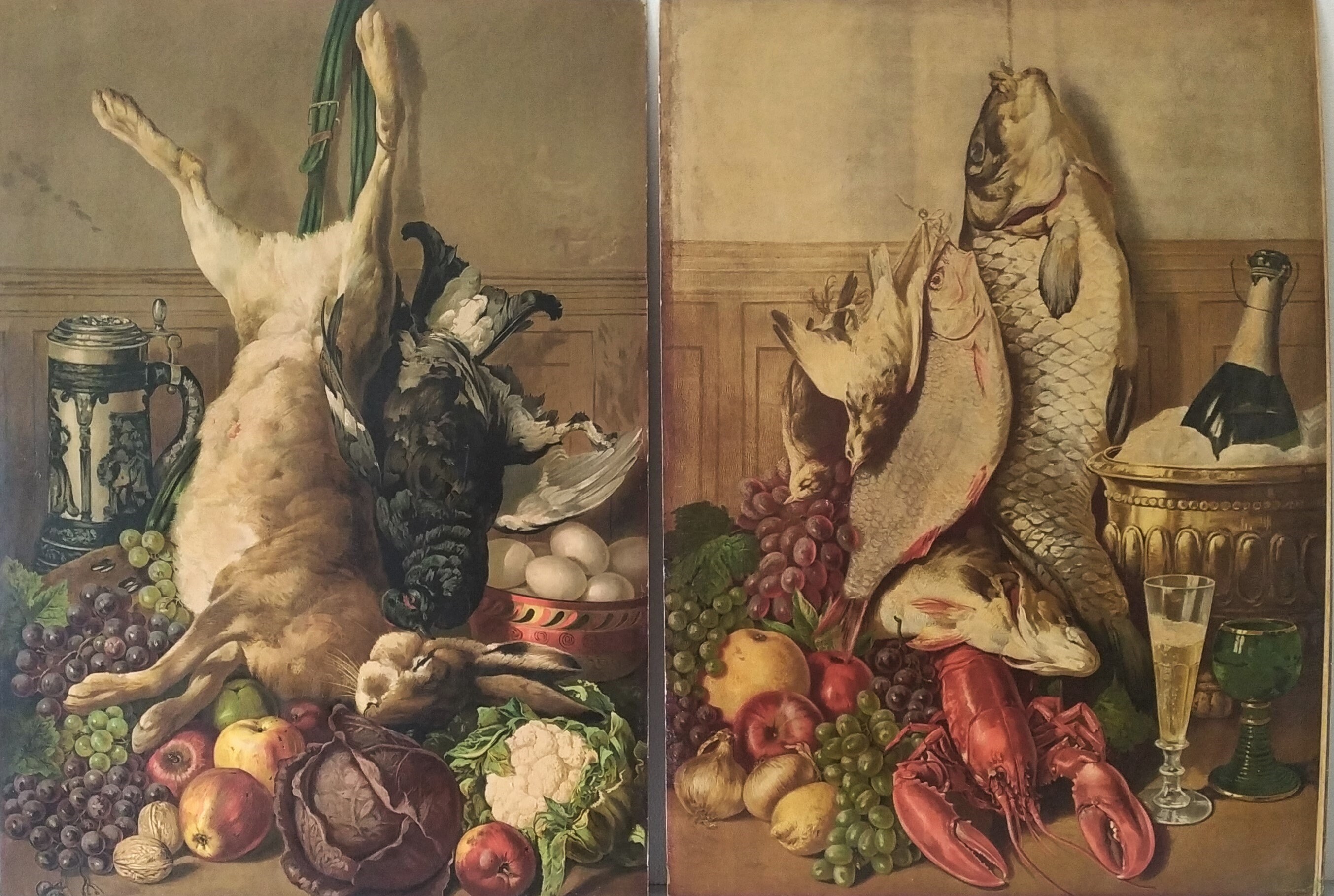 Trophée Du Poisson et de La Chasse Natures Sans Vie avec Des Fruits Chromolithographie - Mid Century