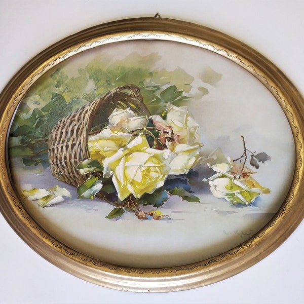 Chromolithographie Nature Morte Fleurs Roses d'après Tableau Huile sur Toile Peinture Moderne