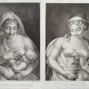 Pair Of Neo Classical Allegorical Etching Fidelity And Maternity Empire Period Engravings 19th C Old Print