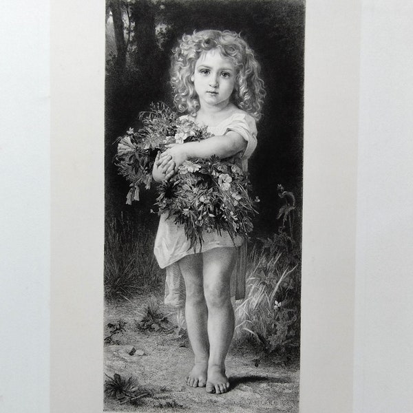 Etching The Little Girl With Flowers Engraving After William Bouguereau 19th C Old Print