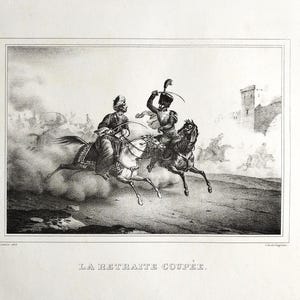 Antique Lithograph orientaliste by Godefroy Engelmann 1825 After Feuchère Professionally Restored Vintage French Art Print Horse Battle