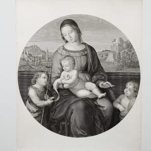 Etching Madonna Terranuova antique engraving after Raphael, late 19th-early 20th century art print, artistic wall decor good condition