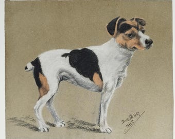 Vintage Jack Russel Terrier Hund Zeichnung 1935 Berthe Henry Pastell auf getöntem Papier Signiertes Kunstwerk Antikes Tierportrait Kunst