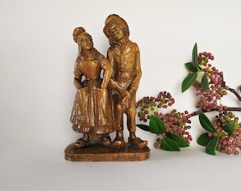 Yellow Glazed Terracotta Peasant Couple Sculpture Signed P Desbordes French Folk Art Caricature Figurine Unique Artwork