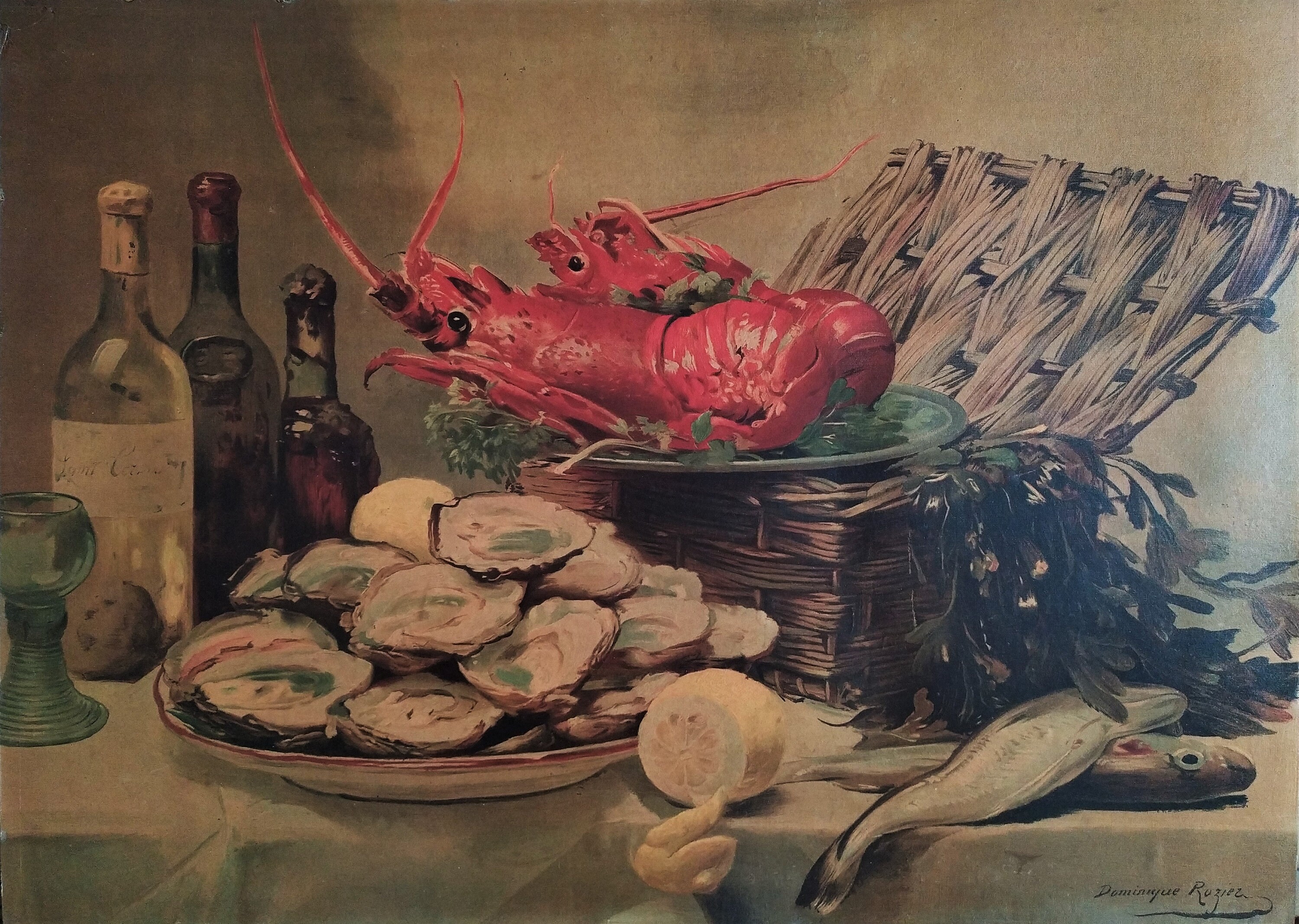 Nature Morte avec Homarus Homard Chromolithographie Après Français Peinture à L'huile Milieu Du Sièc