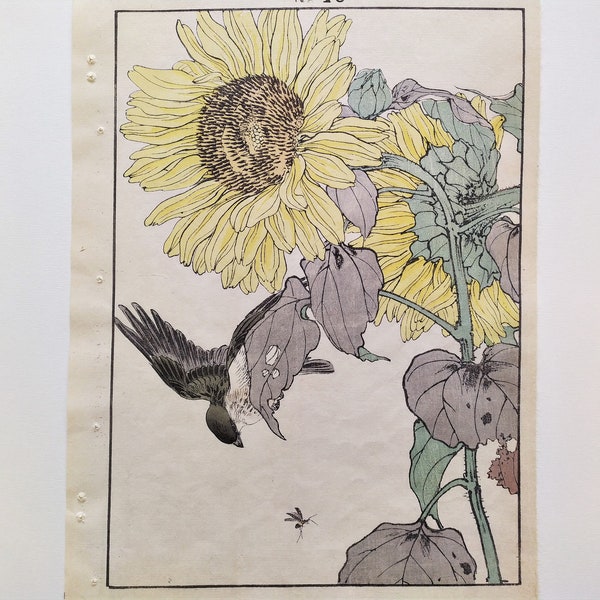 Estampe Japonaise Bois gravé Le Tournesol Et l'Oiseau Gravure Art Asie