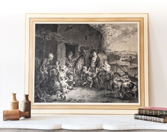 Antique Etching 18th century Pastoral Scene after a Dutch Oil Painting