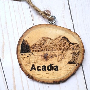 Acadia National Park Ornament,  Wood Burned Ornament Maine Art,  Lake Magnet, Jordan's Pond Art,  Gift for Traveler, National Park Art