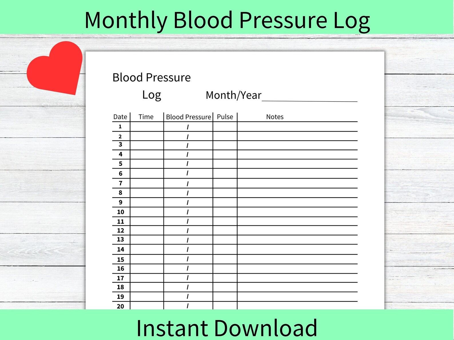 Blood Pressure Log, Printable Blood Pressure Chart Tracker, Health ...