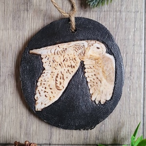 Snowy Owl Ornament Wood Burn, Owl Mini Art, Wood Cookie, Bird Ornament,  Hygge Wall Decor, Woodland Wall Art