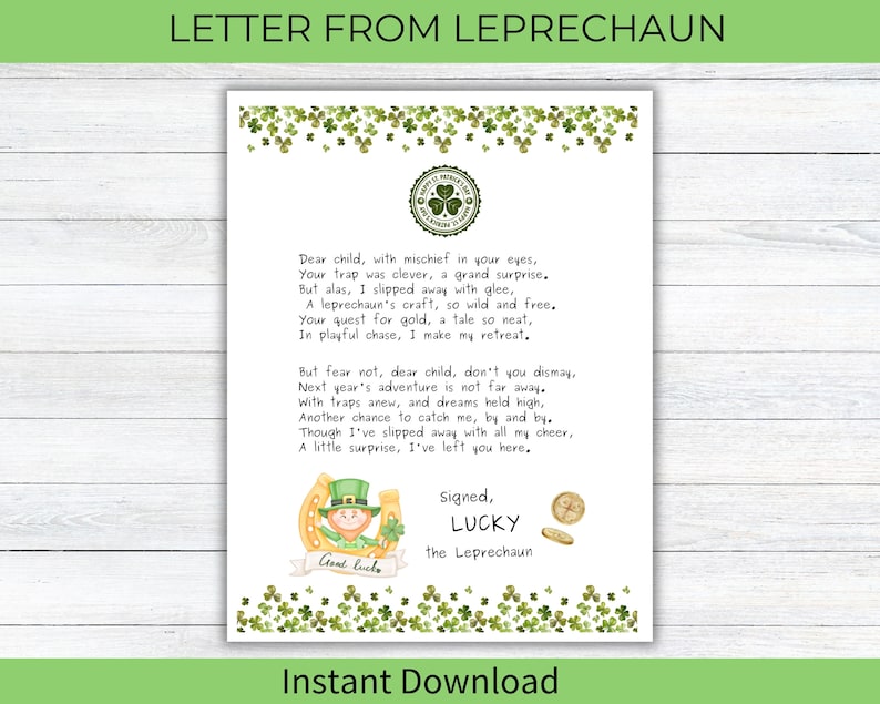 Letter From Leprechaun Trap Note Printable St Paddy's Day Activity for ...