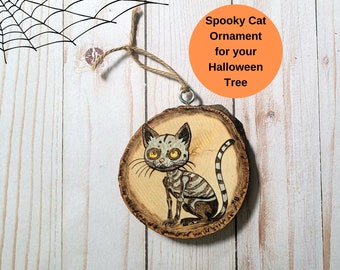 Black cat Halloween ornament,  Spooky ornament, weird ornament, Halloween skeleton ornament, wood burning, horror ornament