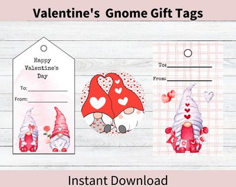 Valentines Gnome Gift Tag Printable, Digital Download Favor Tag, Valentines Gift Tag, Happy Valentine's Day, Watercolor Gift Tag