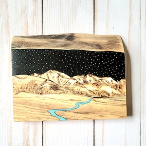 Wood Burning Mountain Landscape Art: Handmade Aspen Shelf Sitter