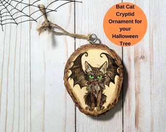 Black cat Halloween ornament,  Spooky ornament, weird ornament, cryptid art, wood burning, horror ornament