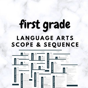 May include: A collection of printed documents titled "first grade LANGUAGE ARTS SCOPE & SEQUENCE" on a marble-patterned background. The documents are arranged in a fan shape, with the text in a bold, sans-serif font. The color scheme is primarily white and teal.