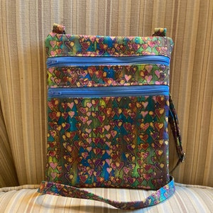 Two-zipper crossbody bag | Multicolored hearts fabric | Casual shoulder bag | Adjustable strap