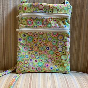 Two-zipper crossbody bag | Lime green multicolored fabric | Casual shoulder bag | Adjustable strap
