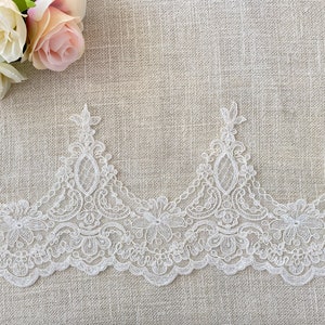 Light Ivory Alencon Lace Trim, high quality lace, Luxury Bridal Lace Trim, Wide Lace Trim, Corded Lace Trim, Sell By Yard
