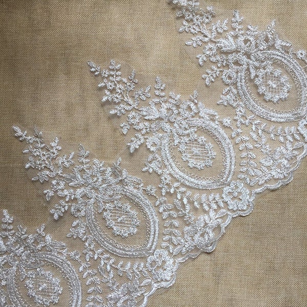 Silver Alencon Lace Trim, Ivory Lace Trim, Bridal Lace Trim, Wide Lace Trim, Corded Lace Trim, Sell By Yard