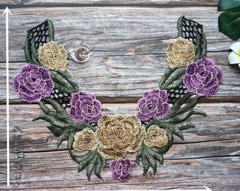 Embroidered Venice Lace Collar Applique: Purple, Yellow, Green Floral Motif