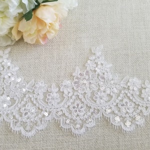Alencon Lace Trim by Yard, Floral Bridal Wedding Veil Lace, Sequin White & Light Ivory Trimming for Crafting Sewing