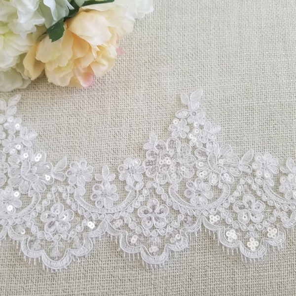 By Yard Alencon Lace Trim, Floral Alencon Lace, Bridal Wedding Veil Lace Trimming, white or light ivory trim, sequin lace