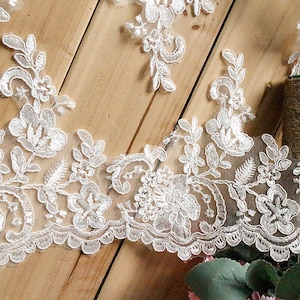 By Yard Alencon Lace Trim, Floral Alencon Lace, Bridal Wedding Veil Lace Trimming, white or light ivory trim
