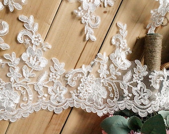 By Yard Alencon Lace Trim, Floral Alencon Lace, Bridal Wedding Veil Lace Trimming, white or light ivory trim