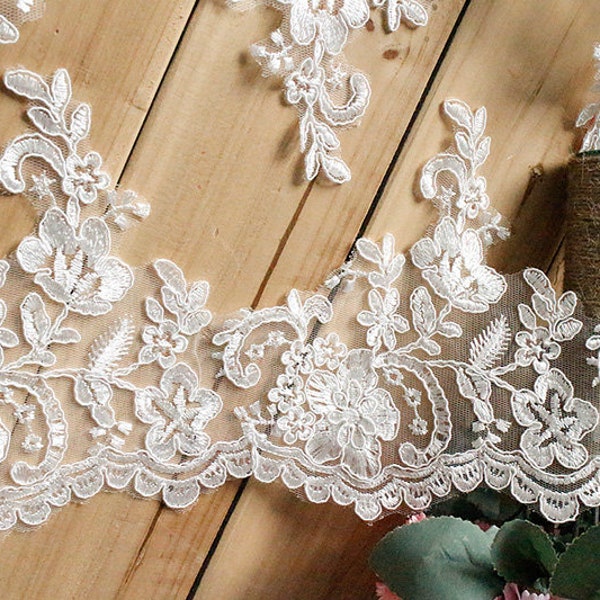 By Yard Alencon Lace Trim, Floral Alencon Lace, Bridal Wedding Veil Lace Trimming, white or light ivory trim