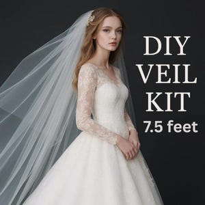 May include: A bride wearing a white wedding dress with a long veil. The dress has a V-neckline and lace sleeves. The veil is approximately 7.5 feet long. Text on the image reads: DIY VEIL KIT.