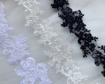 Beaded corded Lace Trim, Ivory, Bridal Veil, Wedding Lace Trim, Embroidery Alencon Lace Trim