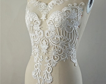 Aplique de encaje con lentejuelas, aplique de corpiño color marfil claro, adornos, bordado, manualidades, para costura, vestidos, brillante