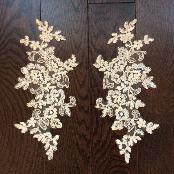 Two pieces of lace Appliques, mirrored appliques for bodice, light ivory, Venice lace, DIY Craft, for Sewing, dresses