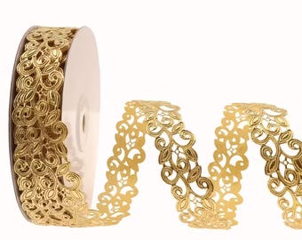 5 or 10 yards Gold Metallic Ribbon trim, 1" wide Decorative trim for Costumes, Wedding Decor, and Crafts