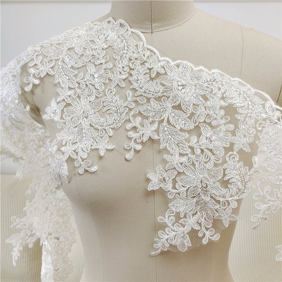 By Yard Alencon Lace Trim, 10" tall Floral Alencon Lace, Luxury soft lace, Bridal Wedding Veil Lace Trimming, light ivory trim