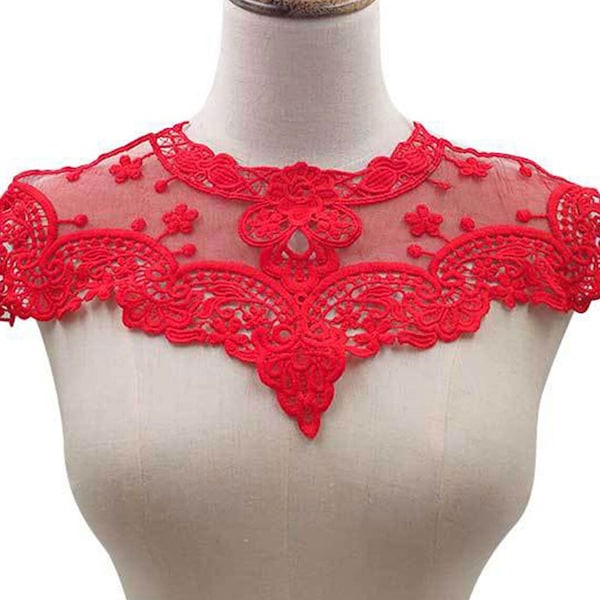 Venice Lace Collar Applique, Red, fake Collar Wedding, Neckline Collar Motif