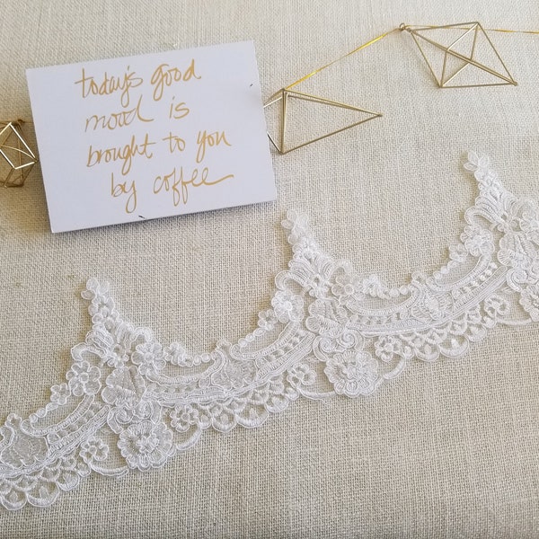 White or light Ivory Alencon Lace Trim, Ivory Lace Trim, Bridal Lace Trim, Wide Lace Trim, Corded Lace Trim, Sell By Yard